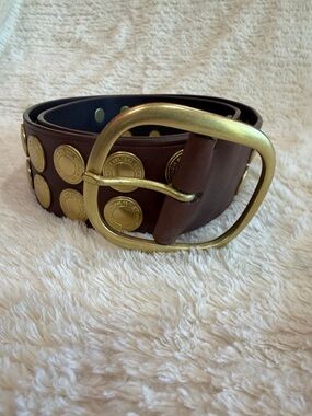 Coach Brown Leather Belt with Gold Coin Studs and Gold Buckle
